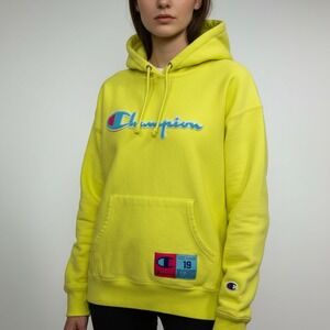 Champion Reverse Weave Hoodie Neon Yellow Chenille Logo Sweatshirt Womens Medium